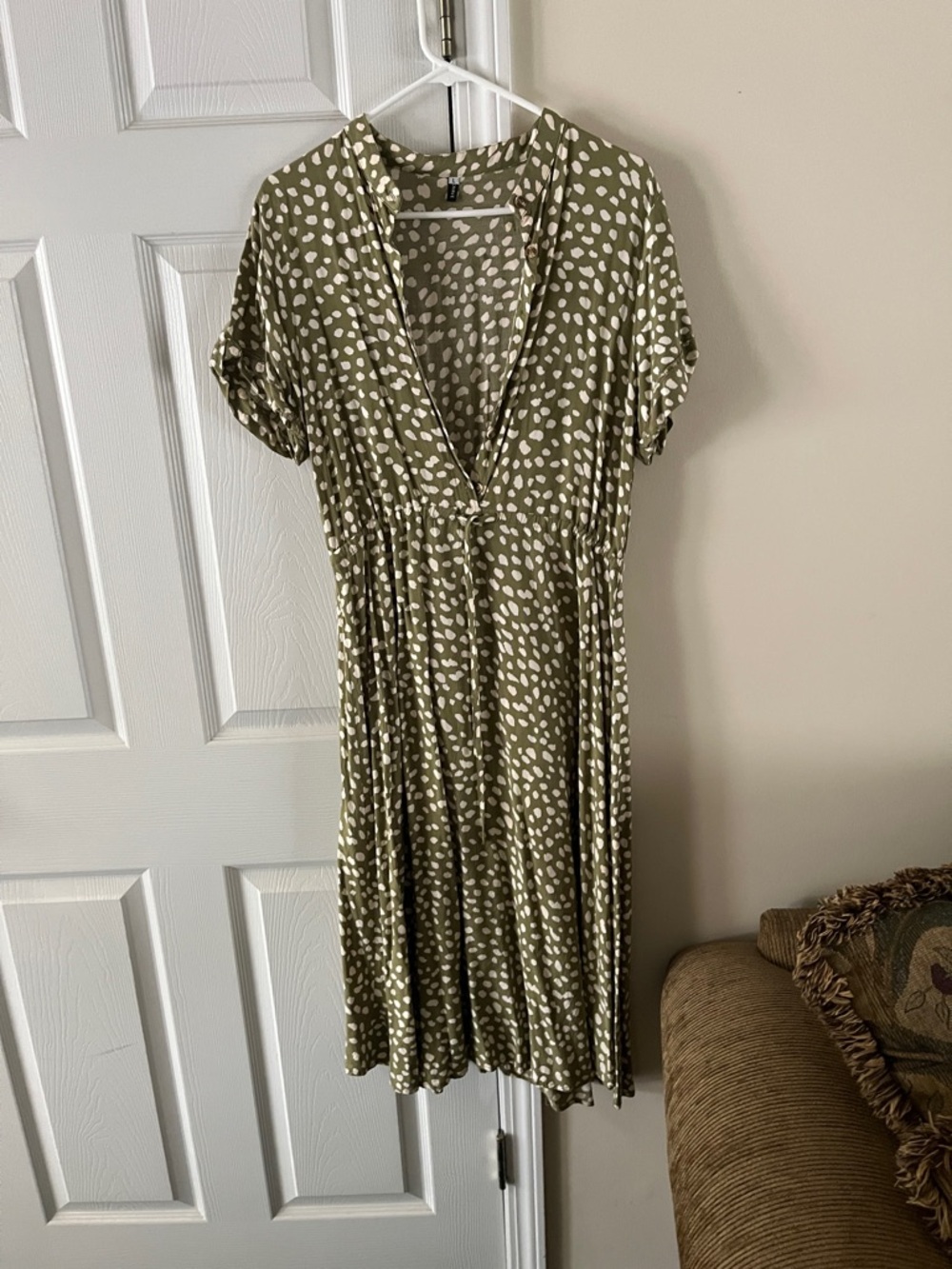 Olive Green Polka Dot V-Neck Midi Dress - Women
